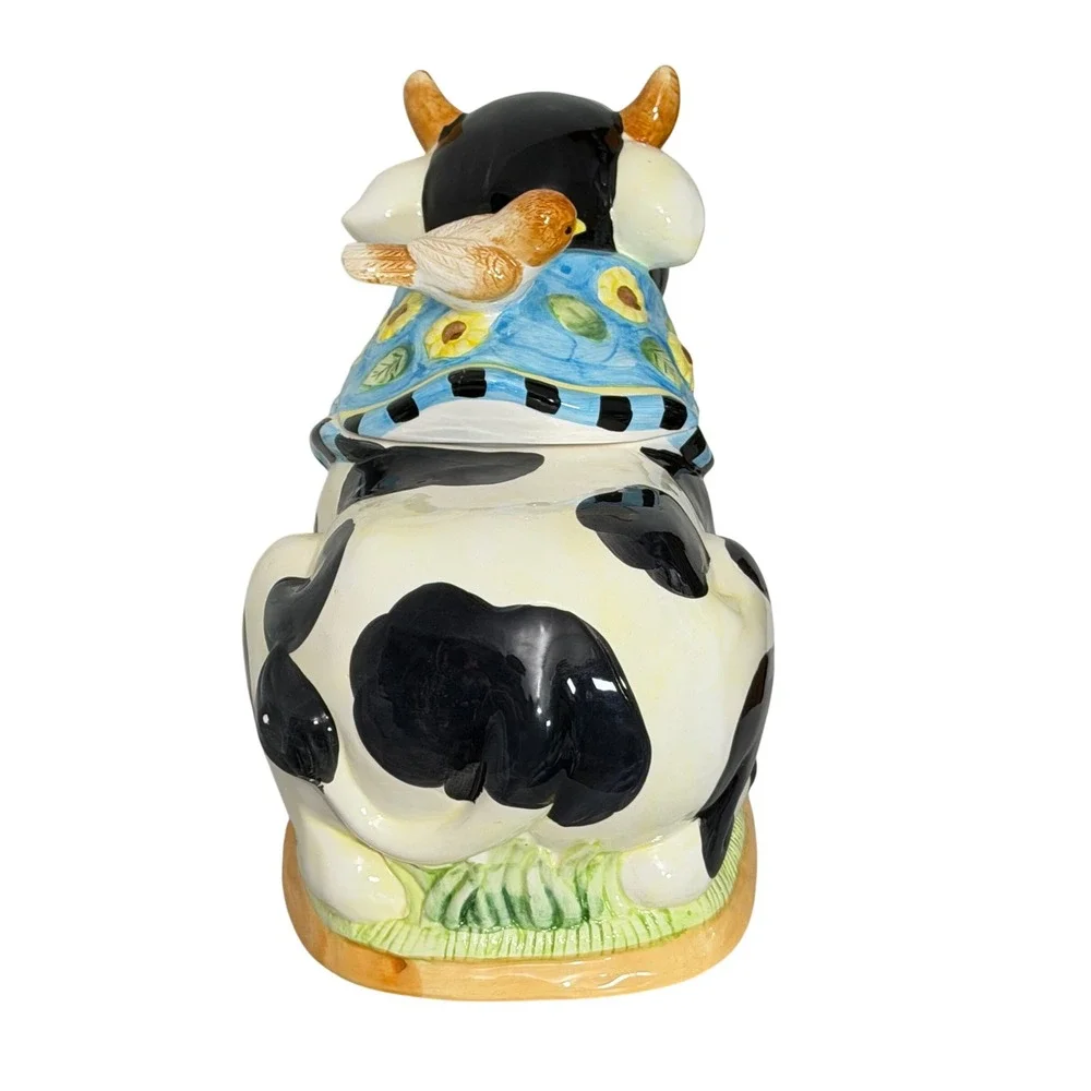 Intl Art Cow Cookie Jar Unisex OS Black White Floral Scarf Bird Farmhouse Decor